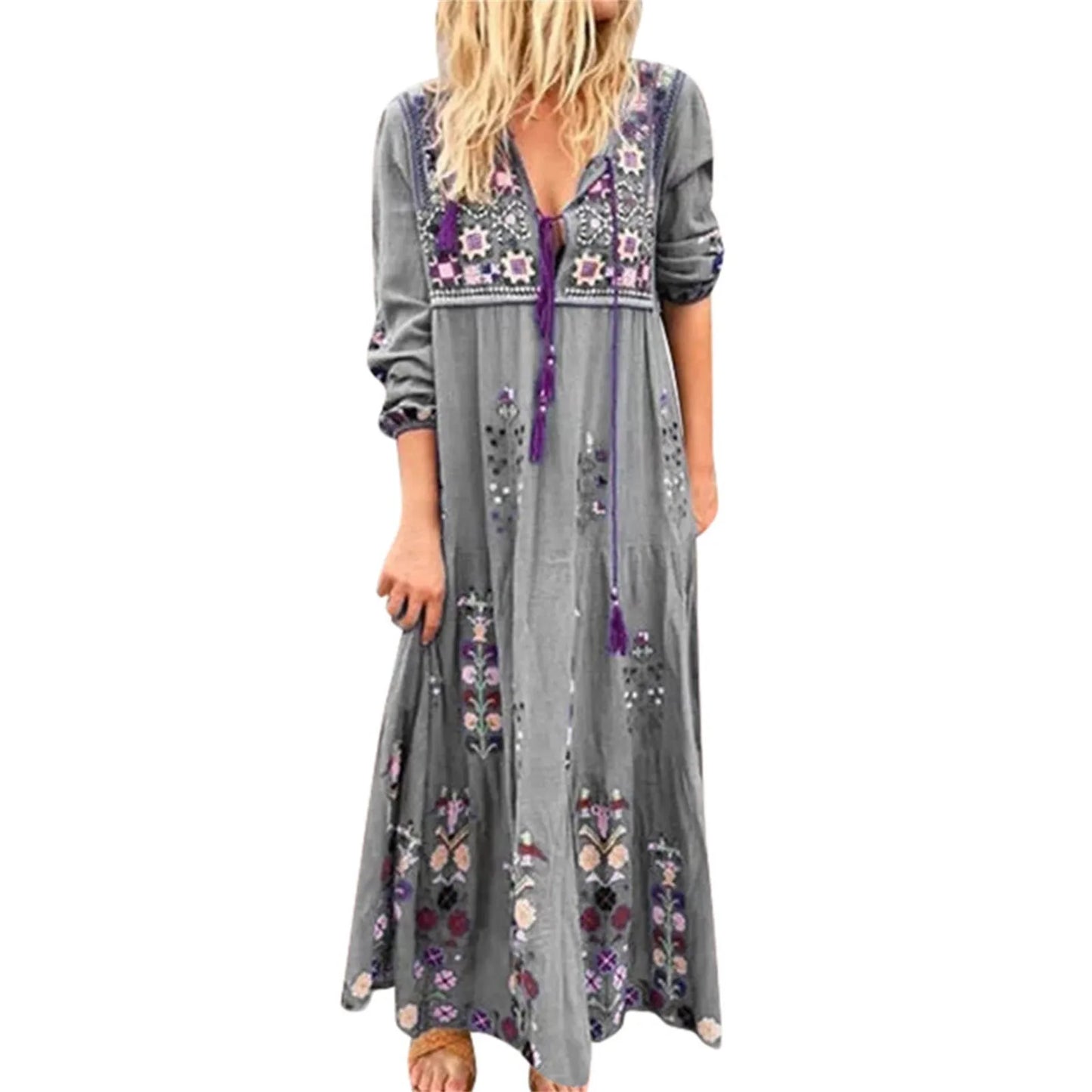 Fashion Vintage Ethnic Style Printed Long Dresses Long Sleeved Boho Beach Holiday Dress Plus Size Loose Casual Women's Dresses