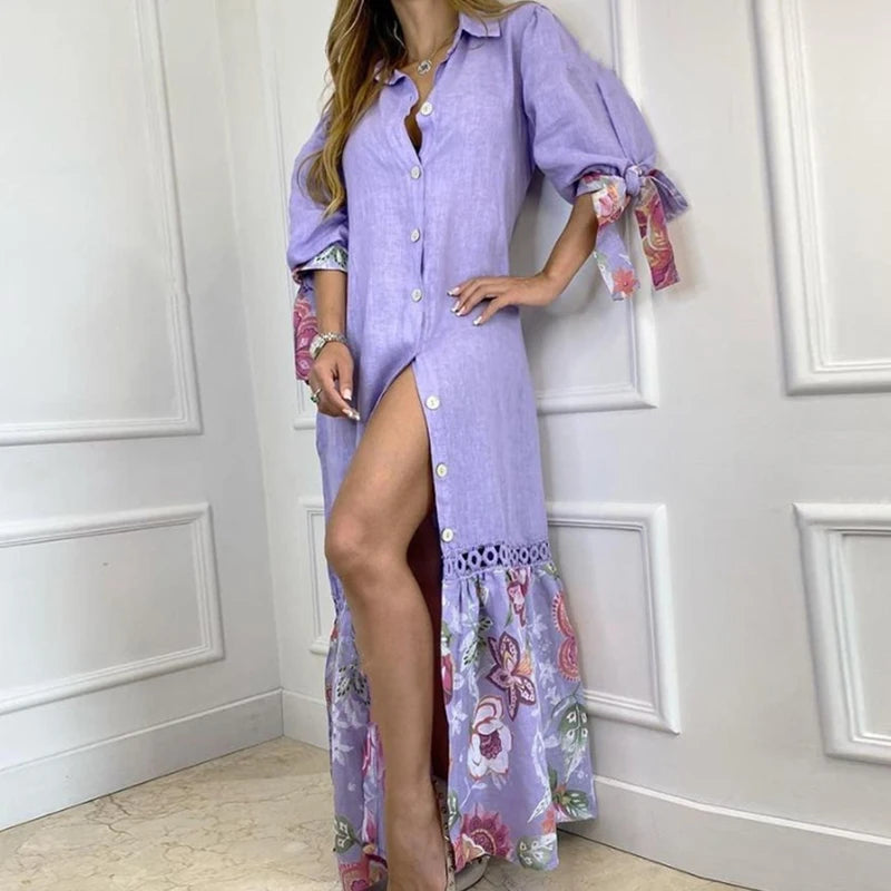 Elegant Lantern Sleeve Sundress Women Dress Fashion Lapel Neck Boho Printing Shirt Dress Single Breasted Maxi Dress Robe Femme