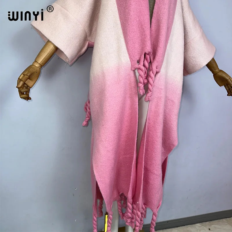 WINYI Winter Women Gradient color Luxury Fur Neutral coat Loose Thick comfortable Warm Female coat over poncho tassels jacket