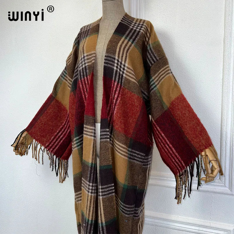 WINYI new winter coat Africa women Retro plaid printed tassel cardigan  long down coat Middle East kimono jacket fashion abaya