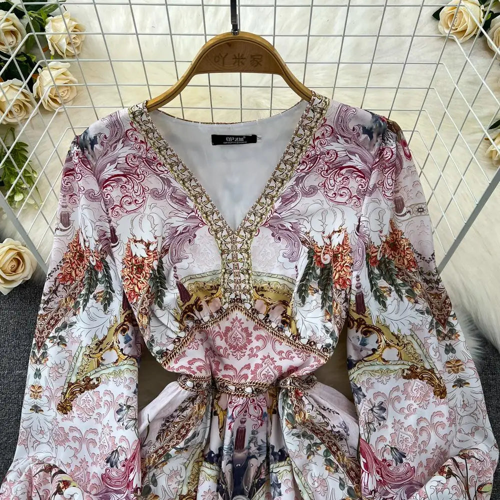 Spring Fashion Runway Gorgeous Flower Chiffon Maxi Dress Women Deep V Neck Long Sleeve Floral Print Boho Robe Vestidos 6549