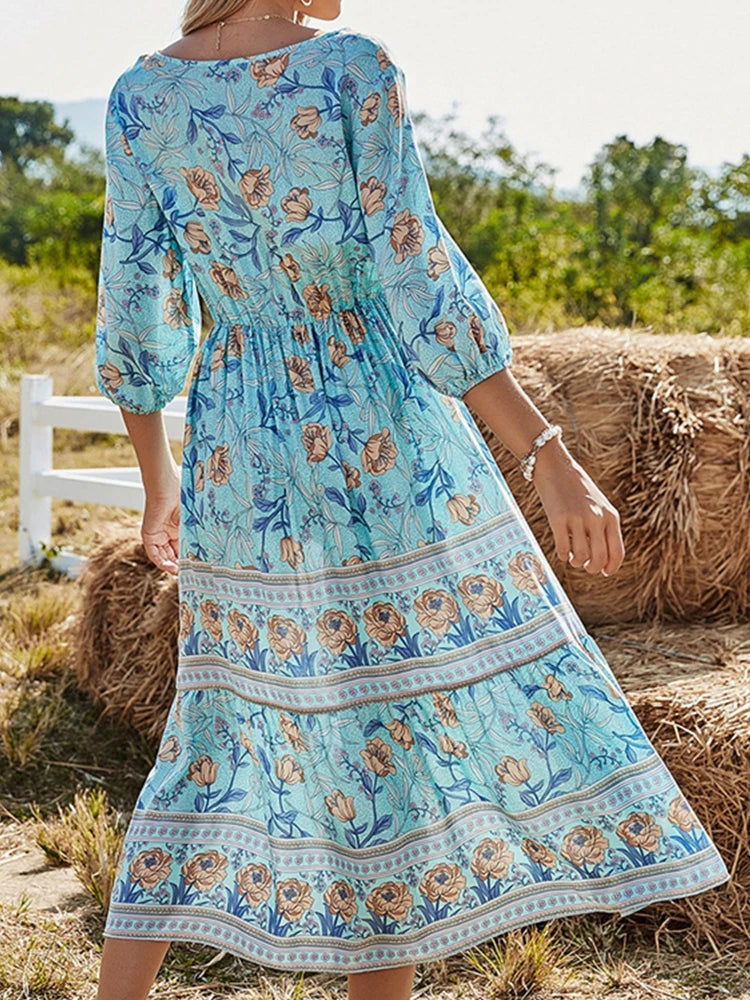 Summer Boho Long Dresses Women Fashion Print V Neck Half Sleeve Cotton Dress Elegant Casual High Waist Beach Dresses Vestidos