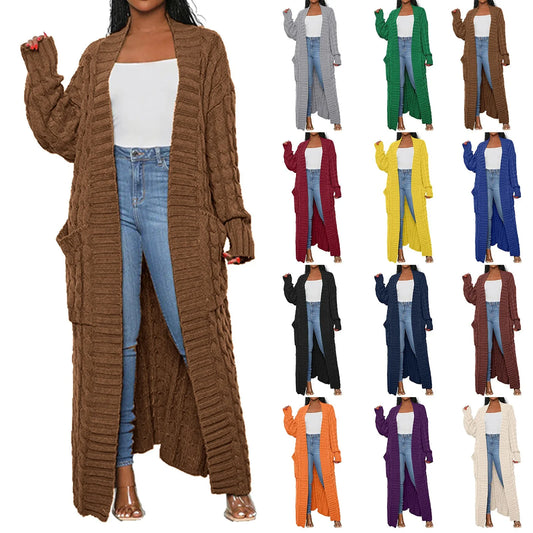 Women's Solid Color Long Sleeved Loose Knit Sweater Outerwear Long Cardigan