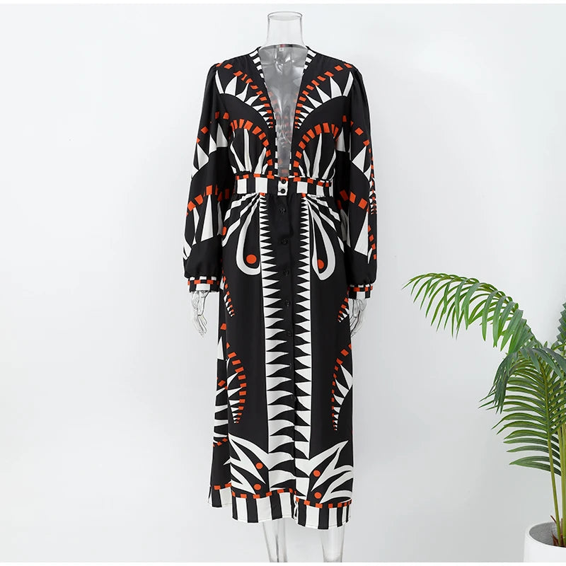 Casual Boho Print Loose Maxi Dress Women Chic V-neck Puff Half Sleeve Single-breasted Dresses Summer Lady Ethnic Style Robes