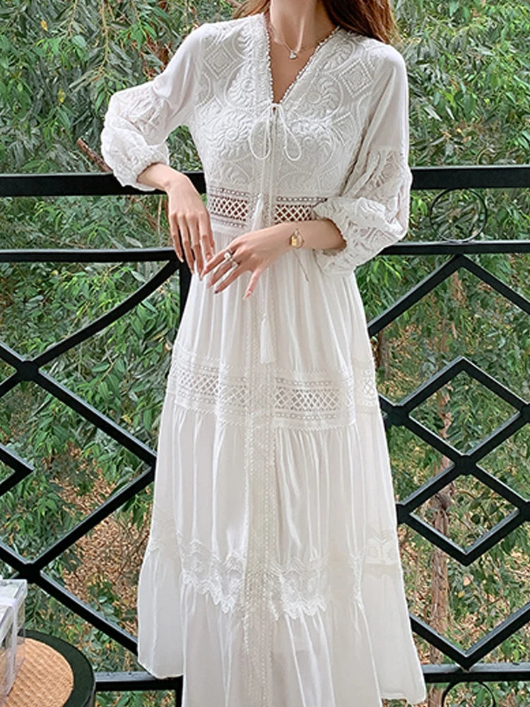 White Long Dress Women Summer Boho Lace Dresses Female Beach Holiday Hollow Out Dress Ladies Elegant Vintage Loose Vestidos