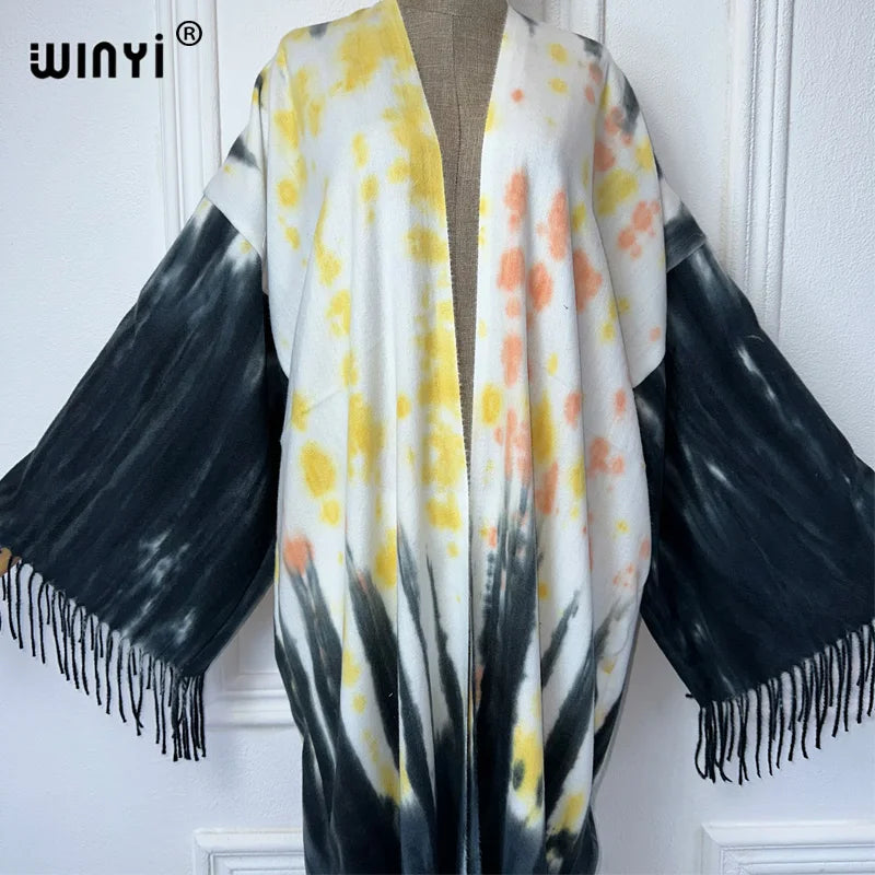 WINYI Tie-dyed winter tassel cardigan Africa women maxi jacket Warm kimono long down coat Middle East fashion abaya dubai luxury