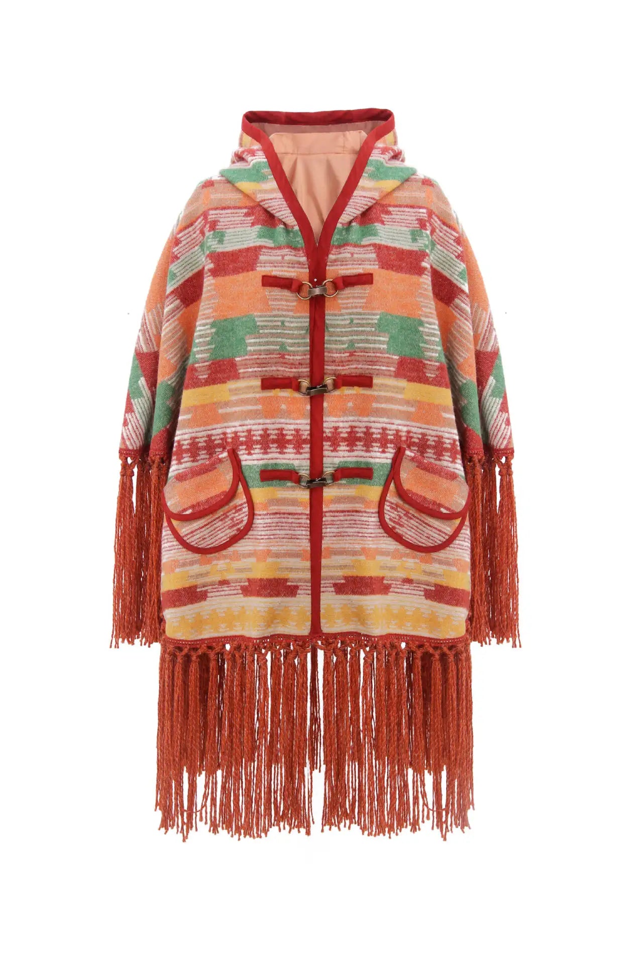 TEELYNN Ethnic Cape Dresses Women Tops Tassel Fringe Autumn Winter Handmade Wool Shawl Bohemian Warm Jacket Hooded Knit Cloak