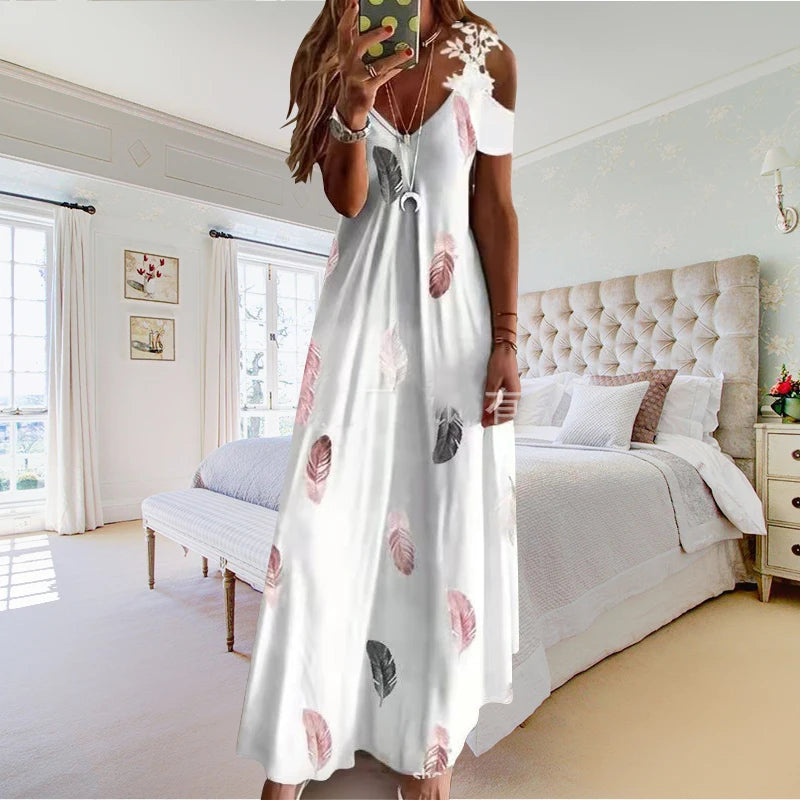 Women Summer Casual Long Dress 2022 Hollow Out Short Sleeve A-Line Lady Length Beach Boho Party Elegant Dresses