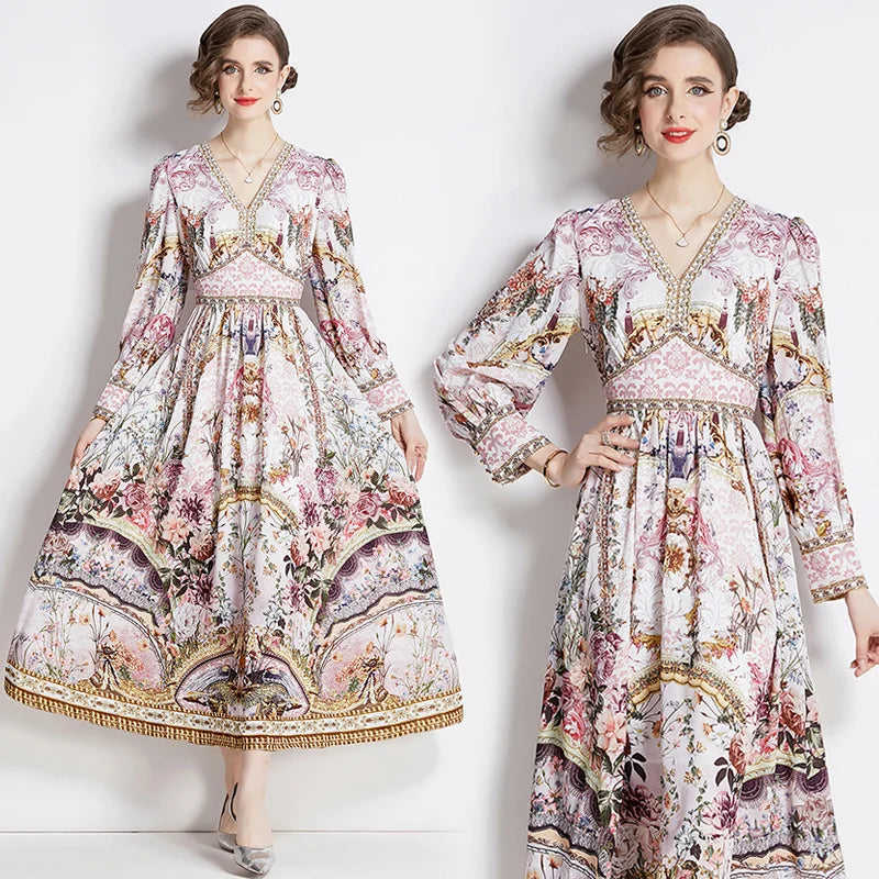 Spring Fashion Runway Gorgeous Flower Chiffon Maxi Dress Women Deep V Neck Long Sleeve Floral Print Boho Robe Vestidos 6549