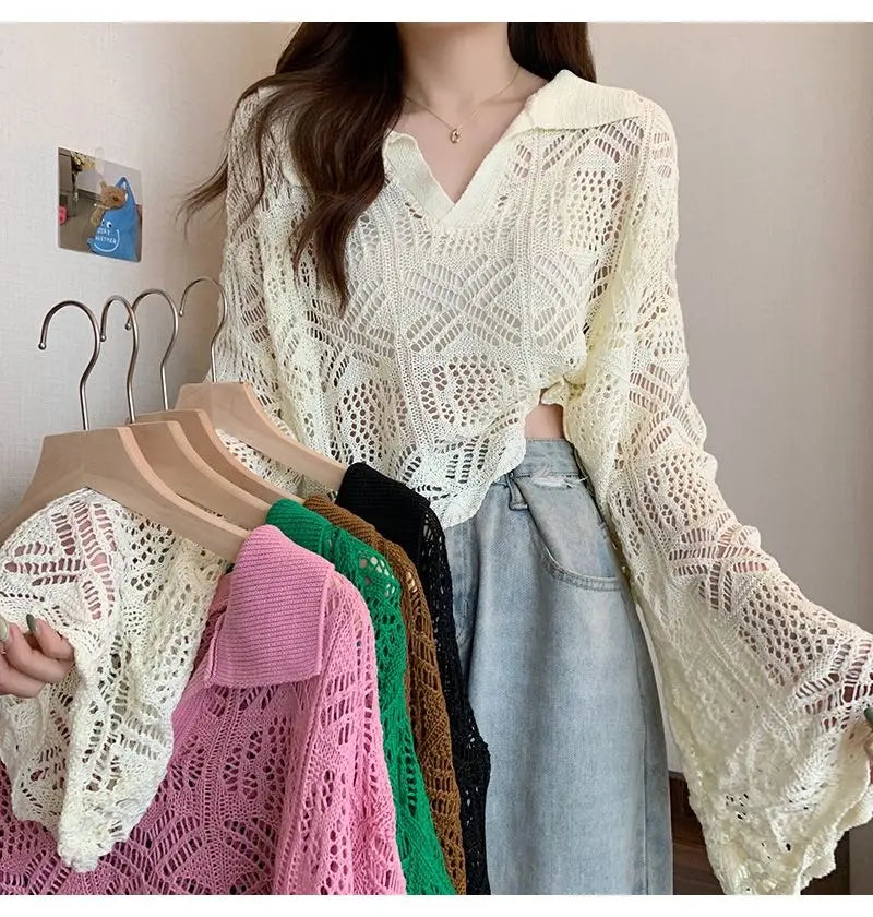 Summer Vintage Hollow Chic Bohemian Sweater Pullovers Cute Solid Turn-down Collar Long Sleeve Knitwears Korean Style Top Women