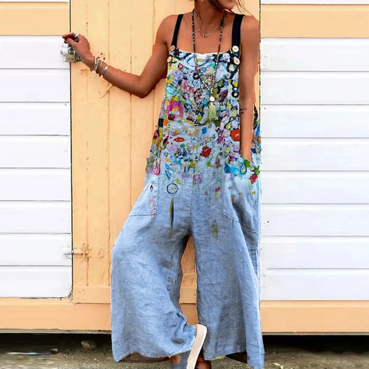 Vintage Floral Wide Leg Pants Loose Plus Size Women's Jumpsuits Boho Fashion Womens Strappy Baggy Overalls Oversized Harem Pants