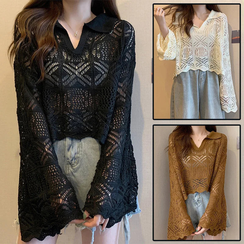 Summer Vintage Hollow Chic Bohemian Sweater Pullovers Cute Solid Turn-down Collar Long Sleeve Knitwears Korean Style Top Women