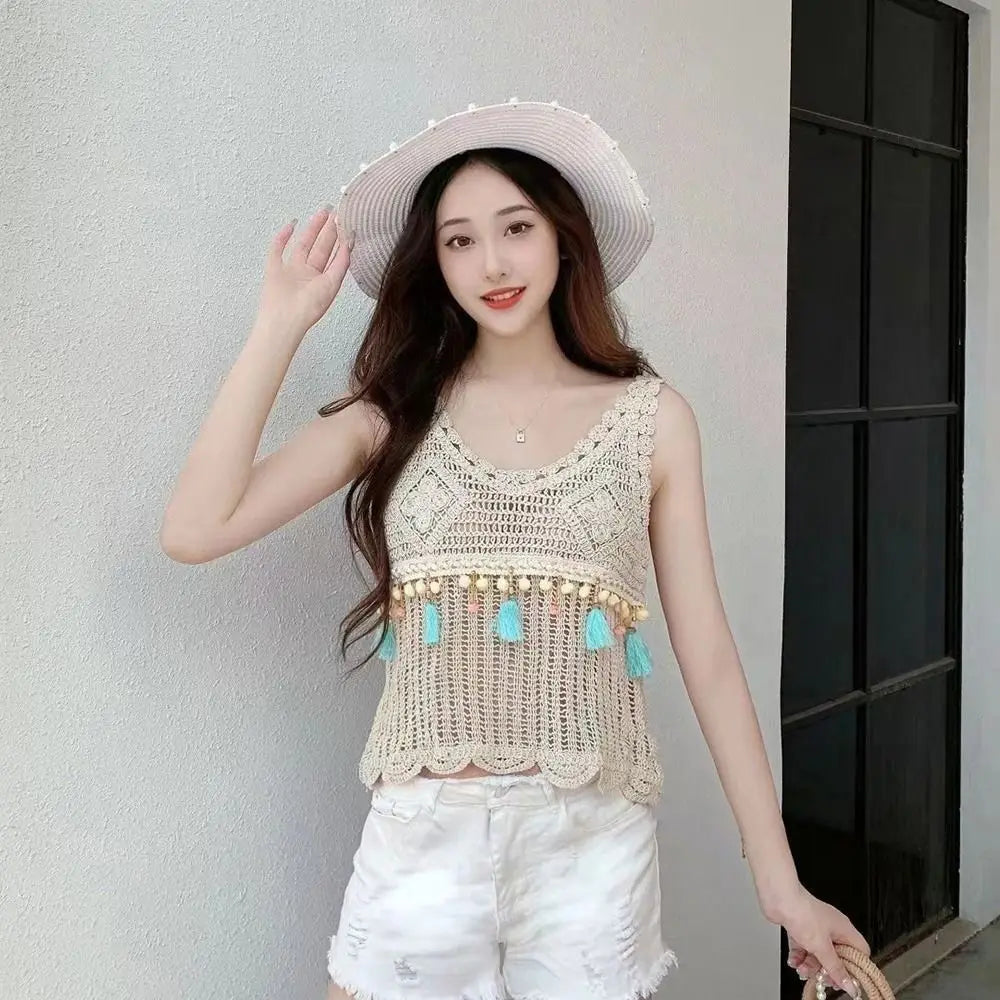 Crochet Tassel Vest Fashion Sleeveless Casual Women Vest Comfortable Solid Color Knitted Tops