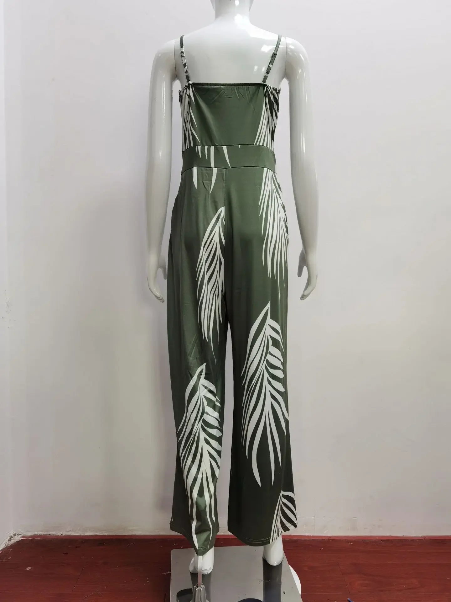 Fashion Jumpsuit Women Leaf Printed One Piece Outfit Women Straped Sleeveless Backless Long Jumpsuits Boho Indie 90s Aesthetic