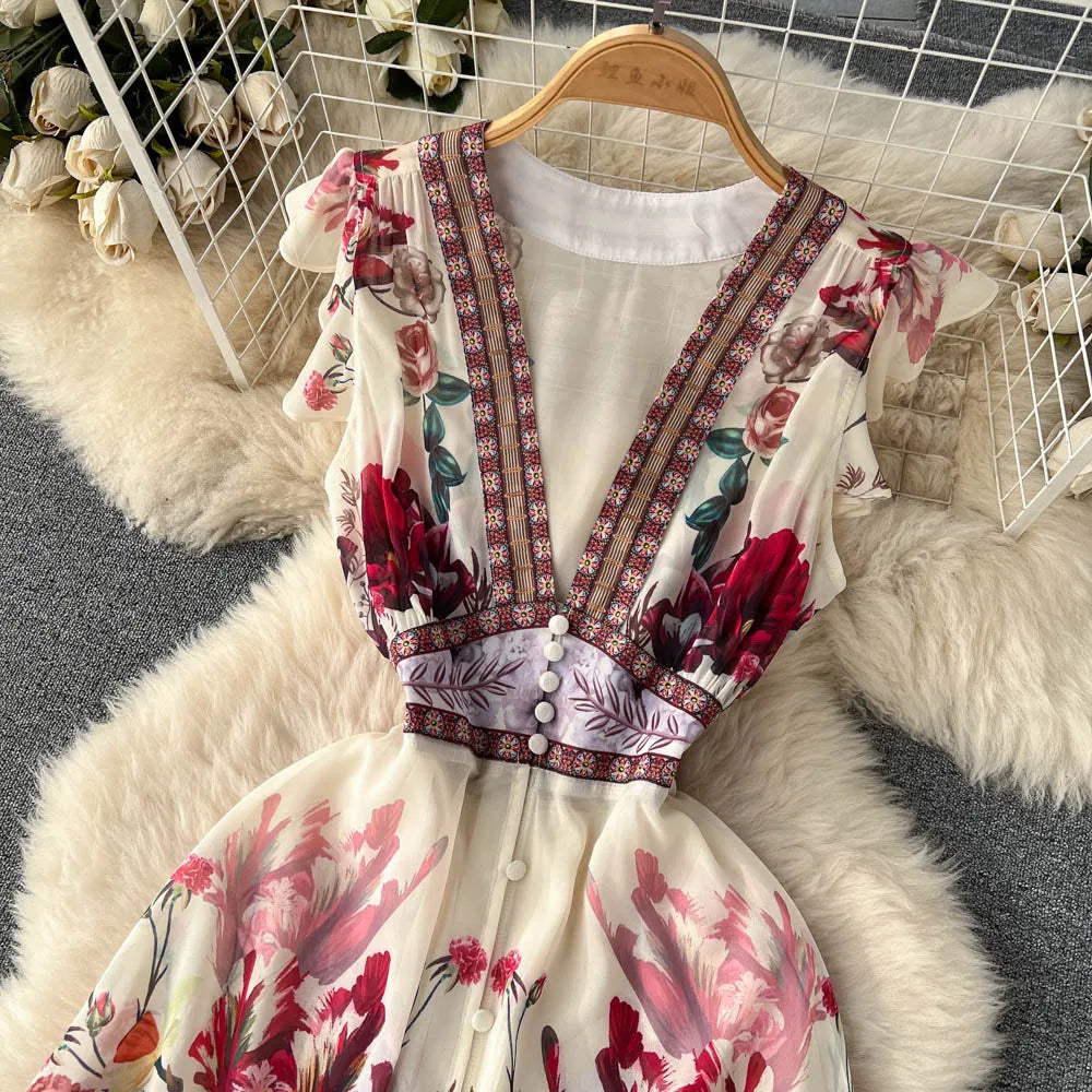 2023 Fashion Runway Gorgeous Flower Chiffon Cascading Ruffles Dress Women Deep V Neck Sleeveless Floral Print Boho Robe Vestidos