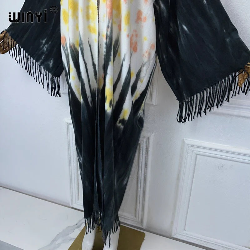 WINYI Tie-dyed winter tassel cardigan Africa women maxi jacket Warm kimono long down coat Middle East fashion abaya dubai luxury