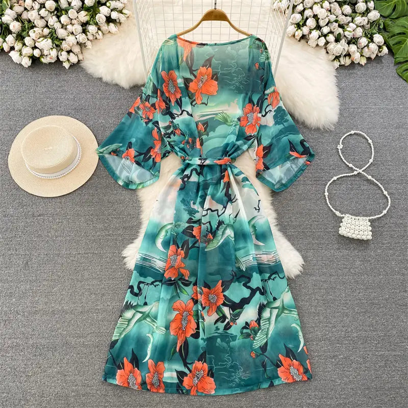 Fashion Loose Long Printed Chiffon Beach Jacket Sun Protection Cardigan Vacation Bikini Top Women's Summer Cover Up Robe Z942