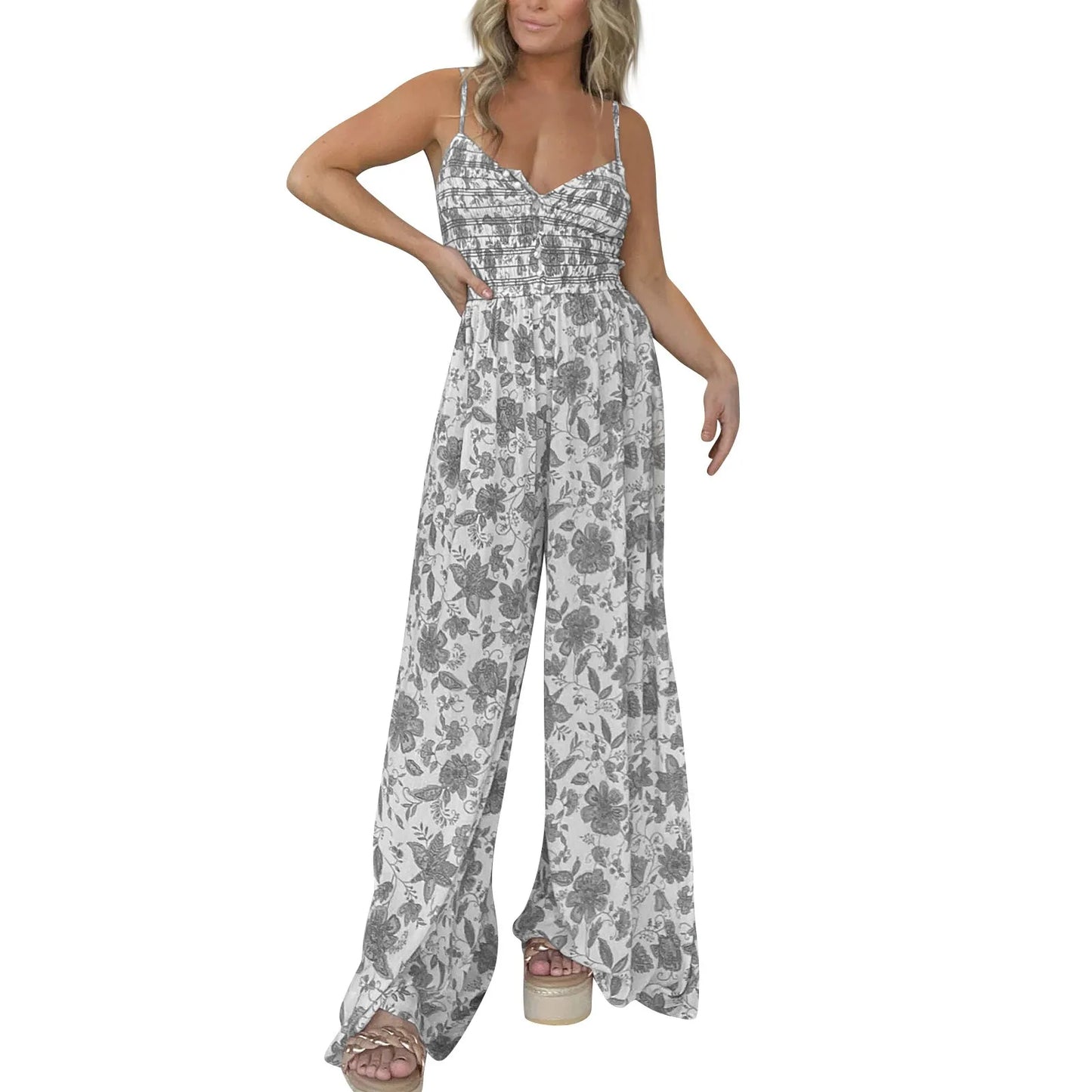 Women Summer Sexy Floral Print Jumpsuits Boho Sleeveless Wide Leg Long Overalls Rompers Female Loose Overalls Jumpsuit