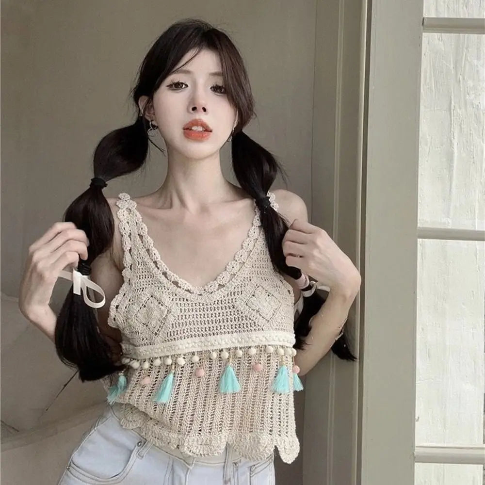 Crochet Tassel Vest Fashion Sleeveless Casual Women Vest Comfortable Solid Color Knitted Tops