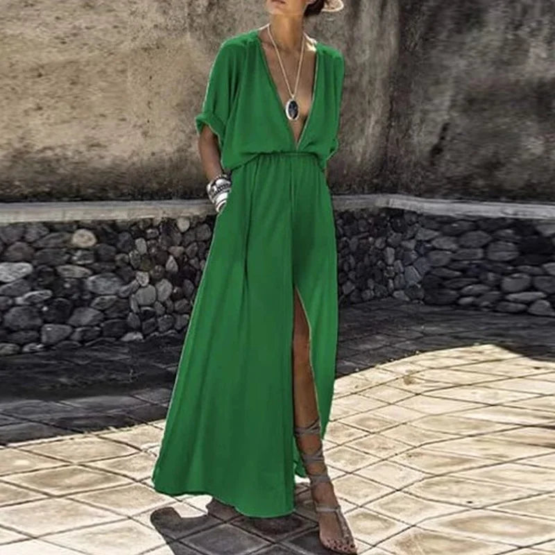 Fashion Short Sleeve Loose Casual Long Dress Sexy Deep V Neck High Slit Party Dress Lady Elegant Solid Boho Beach Women Sundress