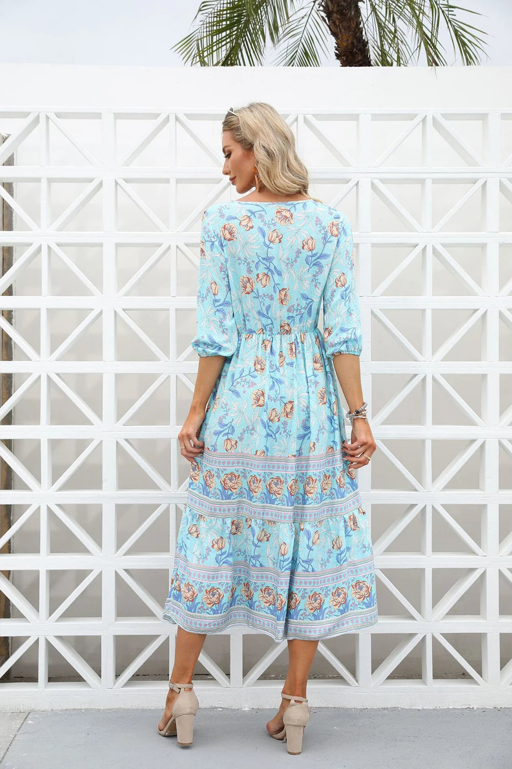 Summer Boho Long Dresses Women Fashion Print V Neck Half Sleeve Cotton Dress Elegant Casual High Waist Beach Dresses Vestidos