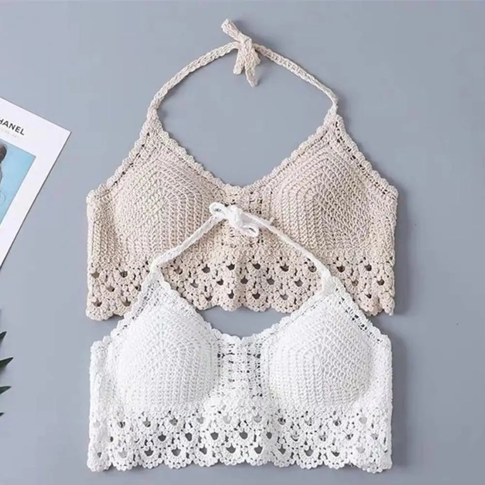 Bohemian Knit Halter Back Embroidery Camisole Women Summer Camis U-neck Top Vest Casual Knitted Sleeveless T-shirt Tan V1b2