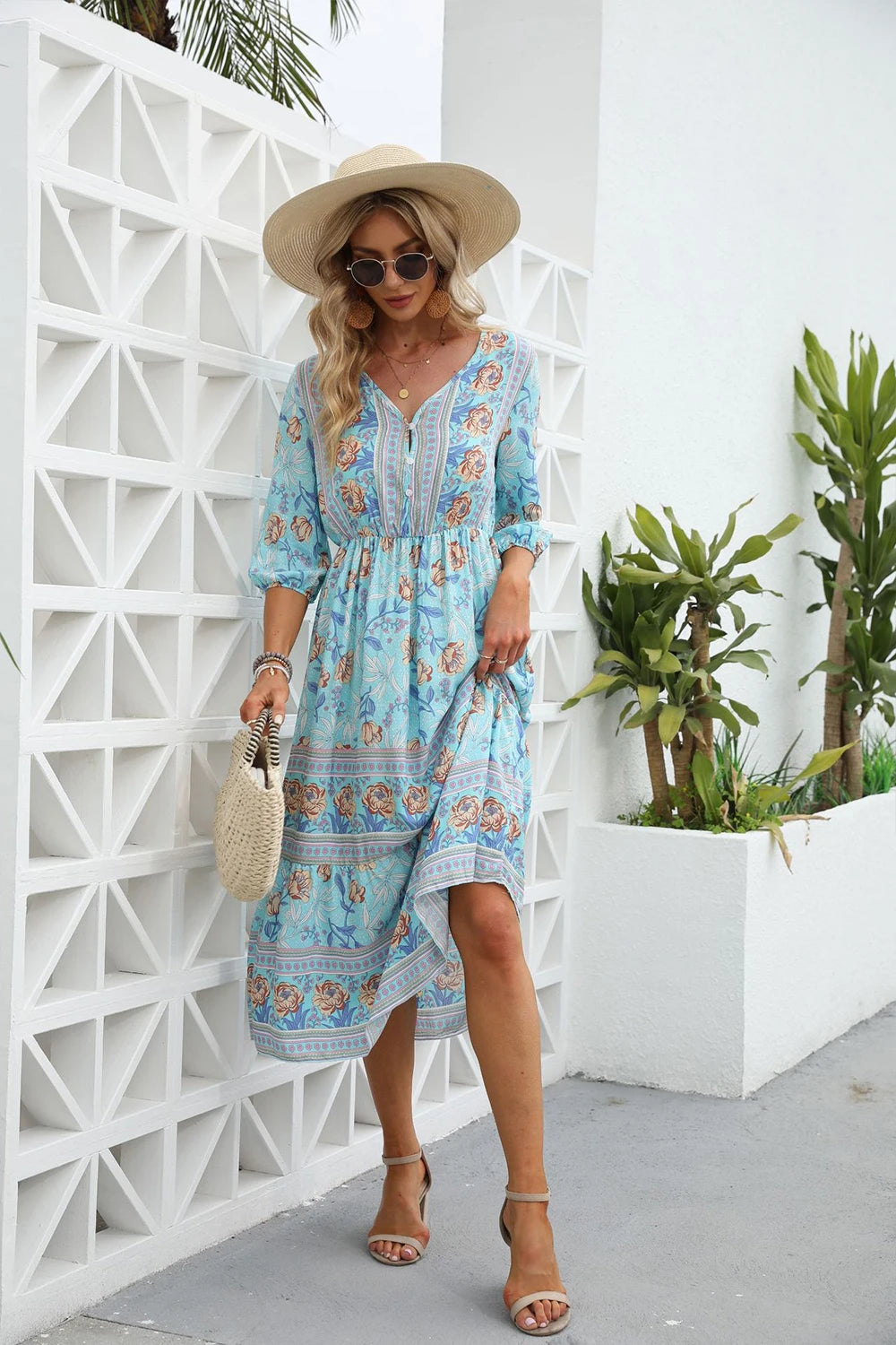 Summer Boho Long Dresses Women Fashion Print V Neck Half Sleeve Cotton Dress Elegant Casual High Waist Beach Dresses Vestidos