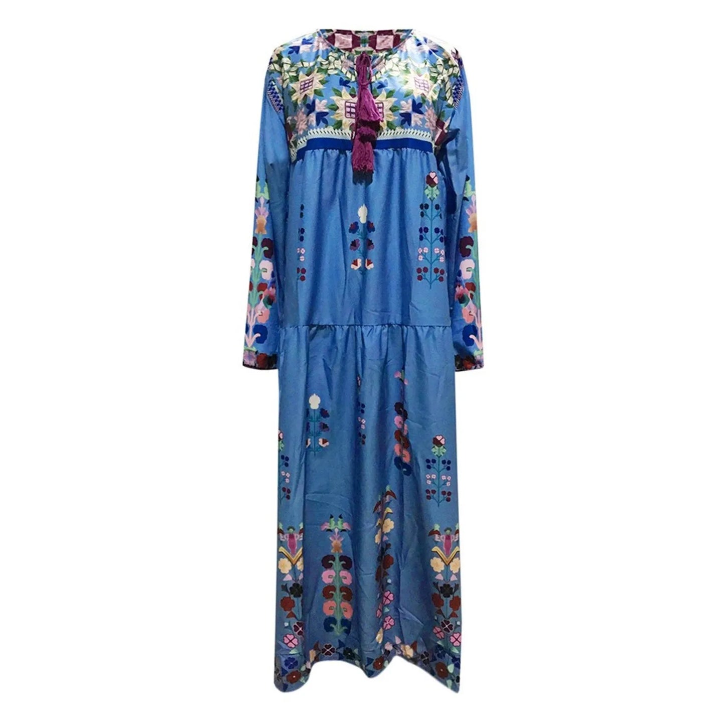 Fashion Vintage Ethnic Style Printed Long Dresses Long Sleeved Boho Beach Holiday Dress Plus Size Loose Casual Women's Dresses