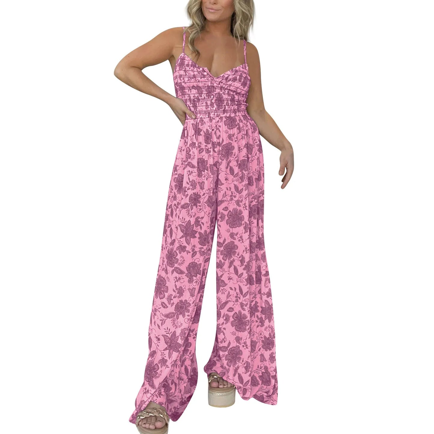 Women Summer Sexy Floral Print Jumpsuits Boho Sleeveless Wide Leg Long Overalls Rompers Female Loose Overalls Jumpsuit