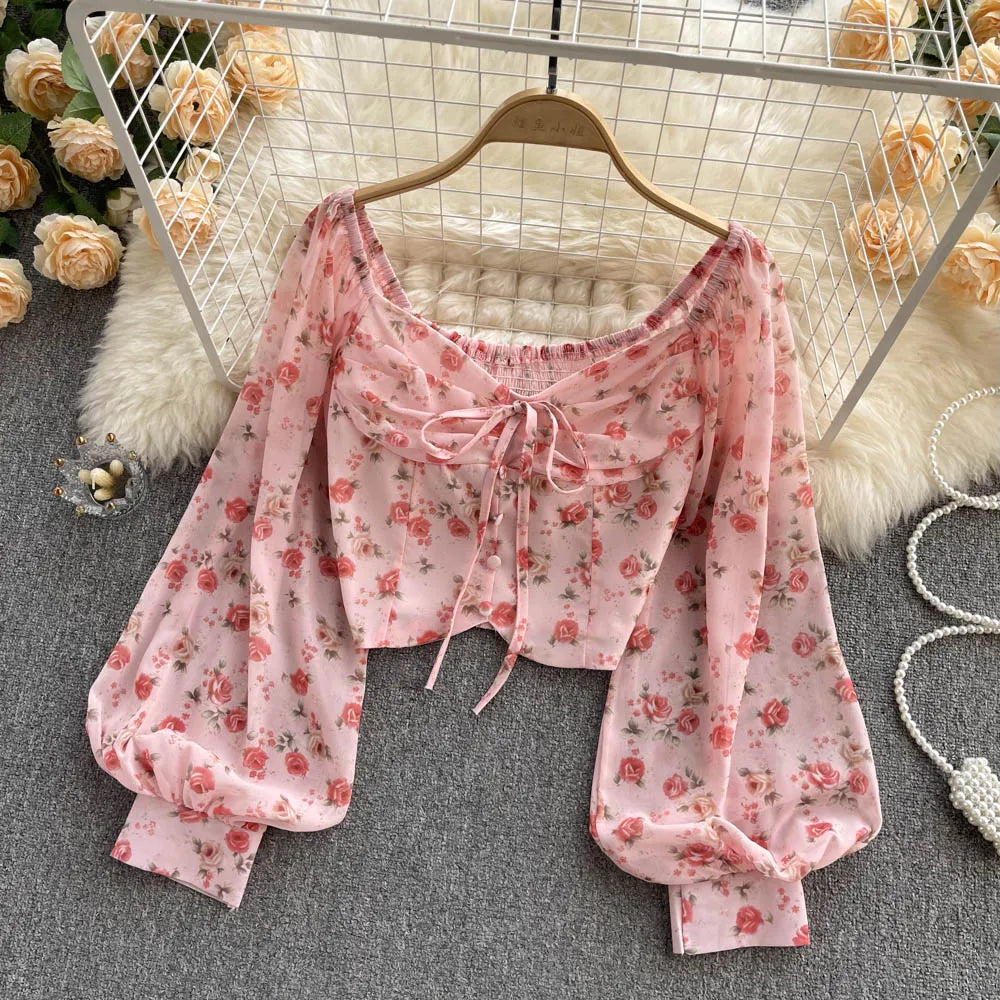 Bohemian Floral Blouses Women Gentle Sweet French Elastic Ruched Slim Tops Spring Casual Vacation Elegant Print Shirts