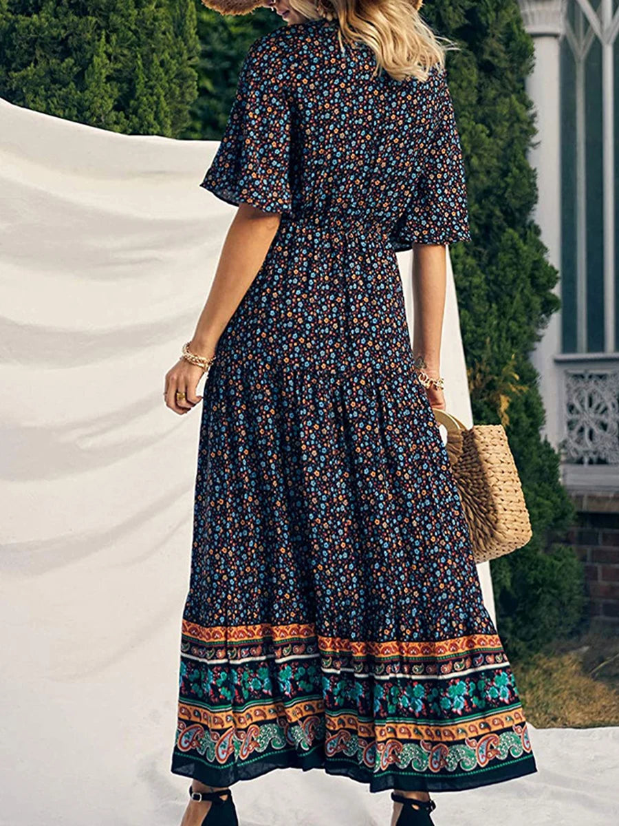 Women Boho Retro Print Long Dress Short Sleeve V-Neck High Waist Dresses Summer Beach Holiday Sundress Ethnic Style Vestido