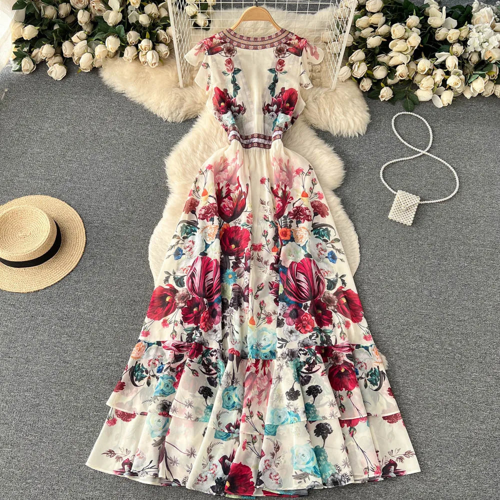 2023 Fashion Runway Gorgeous Flower Chiffon Cascading Ruffles Dress Women Deep V Neck Sleeveless Floral Print Boho Robe Vestidos