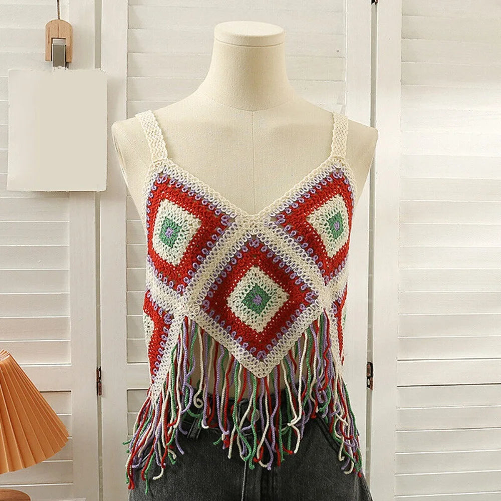 Knitted Crochet Camisole New Cotton Boho Crochet Tops Tassel Tank Summer