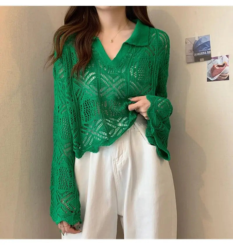 Summer Vintage Hollow Chic Bohemian Sweater Pullovers Cute Solid Turn-down Collar Long Sleeve Knitwears Korean Style Top Women