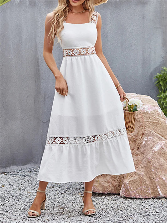 Summer Dress for Women Boho White Dress Female Sexy Hollow Out Sleeveless Midi Dress Lady Off Shoulder Elegant Beach Long Dress