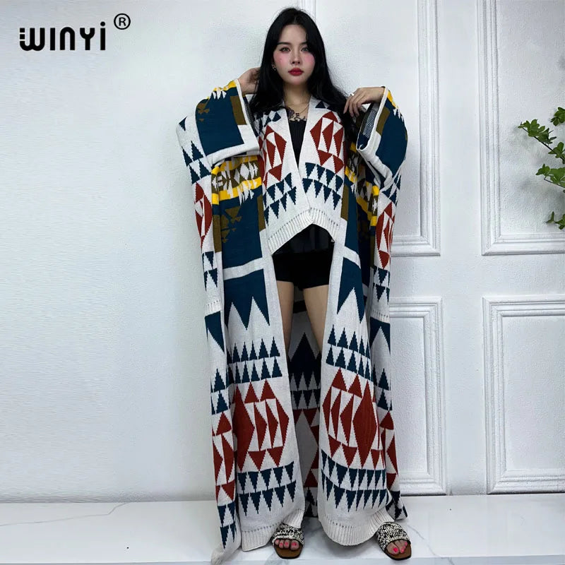 WINYI 2023 NEW woman Winter Knitted cardigan MAXI Christmas Fashion hipster party dress Thick Warm Female jacket ABAYA long coat