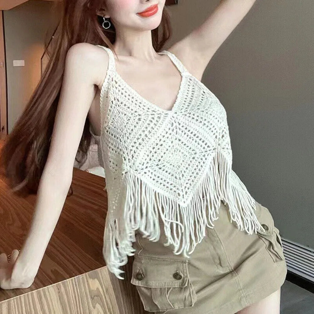 Knitted Crochet Camisole New Cotton Boho Crochet Tops Tassel Tank Summer