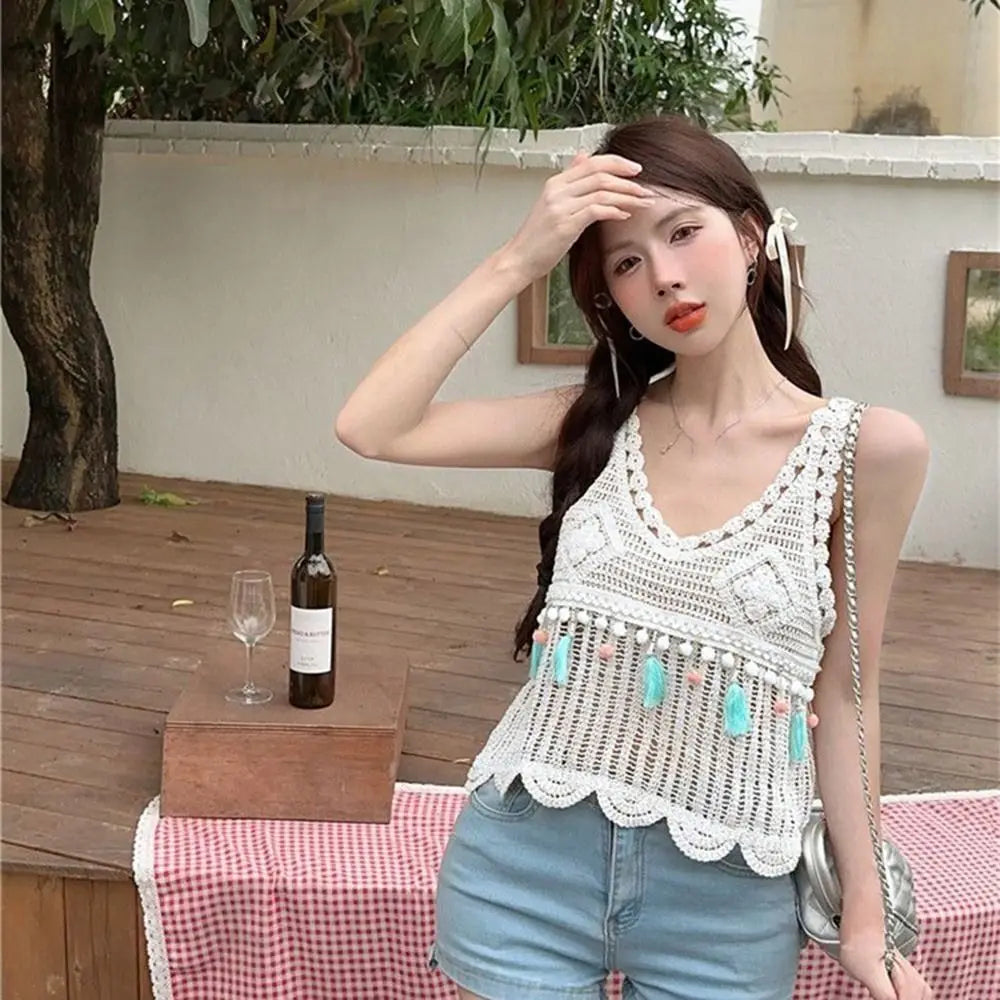 Crochet Tassel Vest Fashion Sleeveless Casual Women Vest Comfortable Solid Color Knitted Tops