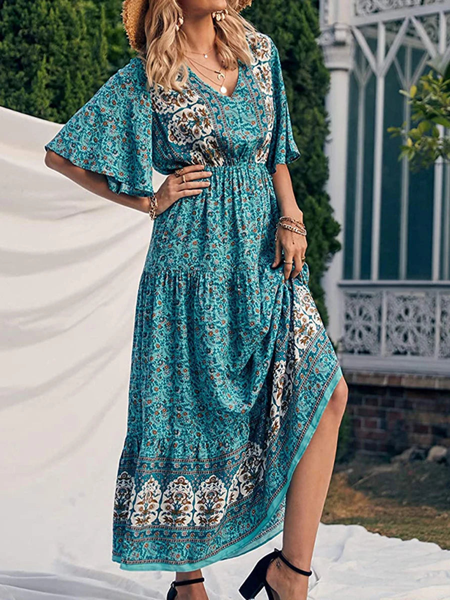 Women Boho Retro Print Long Dress Short Sleeve V-Neck High Waist Dresses Summer Beach Holiday Sundress Ethnic Style Vestido