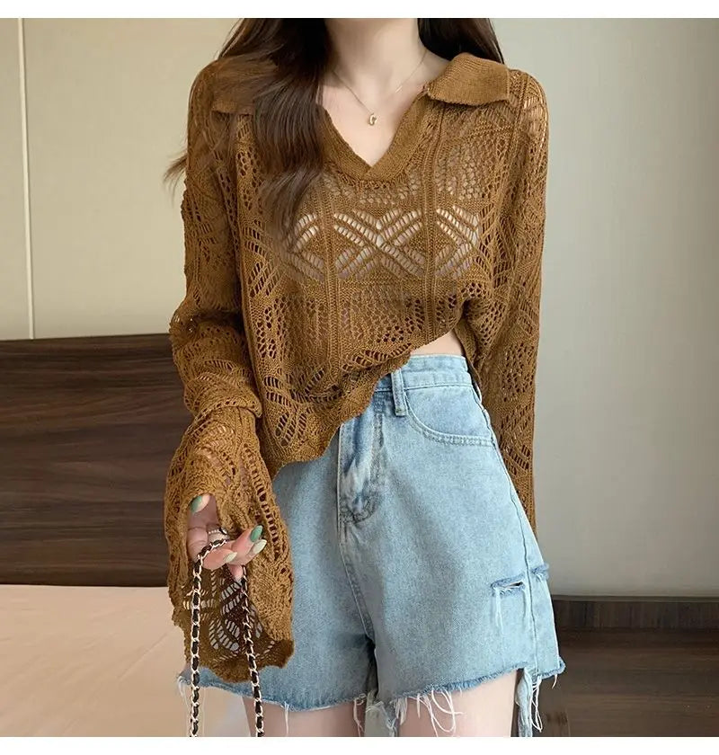 Summer Vintage Hollow Chic Bohemian Sweater Pullovers Cute Solid Turn-down Collar Long Sleeve Knitwears Korean Style Top Women