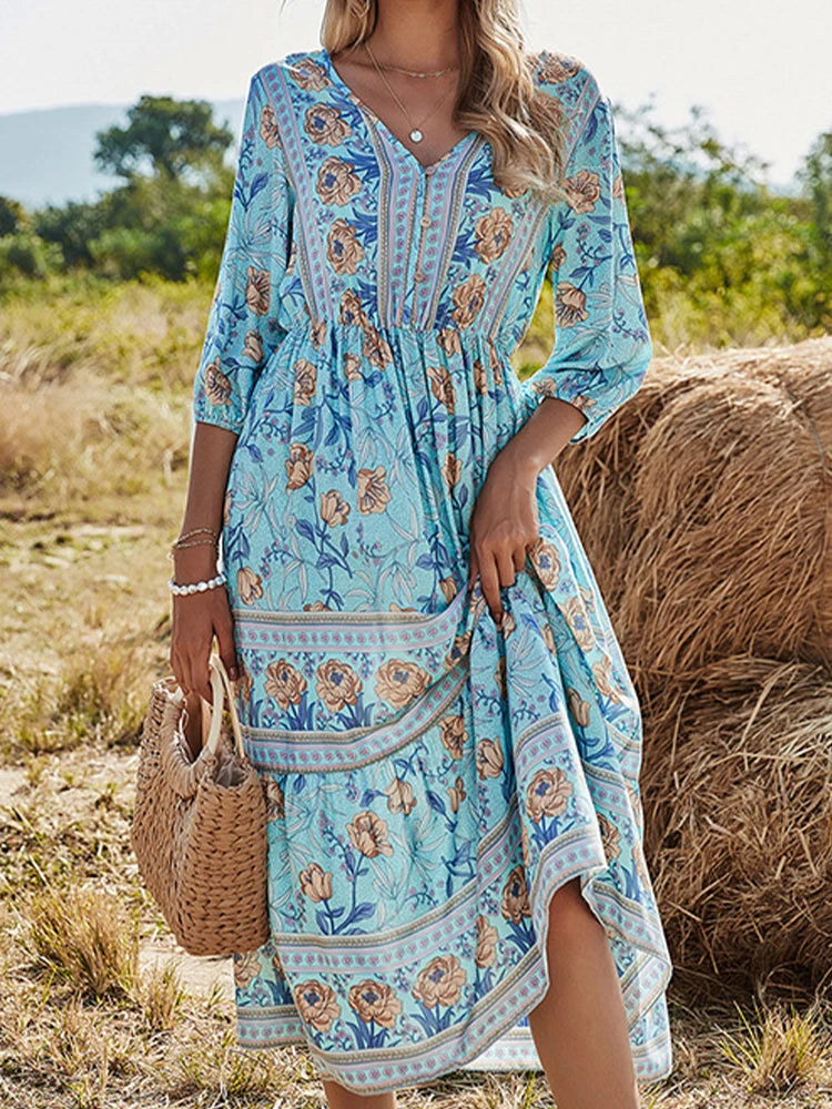 Summer Boho Long Dresses Women Fashion Print V Neck Half Sleeve Cotton Dress Elegant Casual High Waist Beach Dresses Vestidos