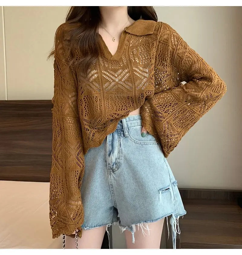 Summer Vintage Hollow Chic Bohemian Sweater Pullovers Cute Solid Turn-down Collar Long Sleeve Knitwears Korean Style Top Women