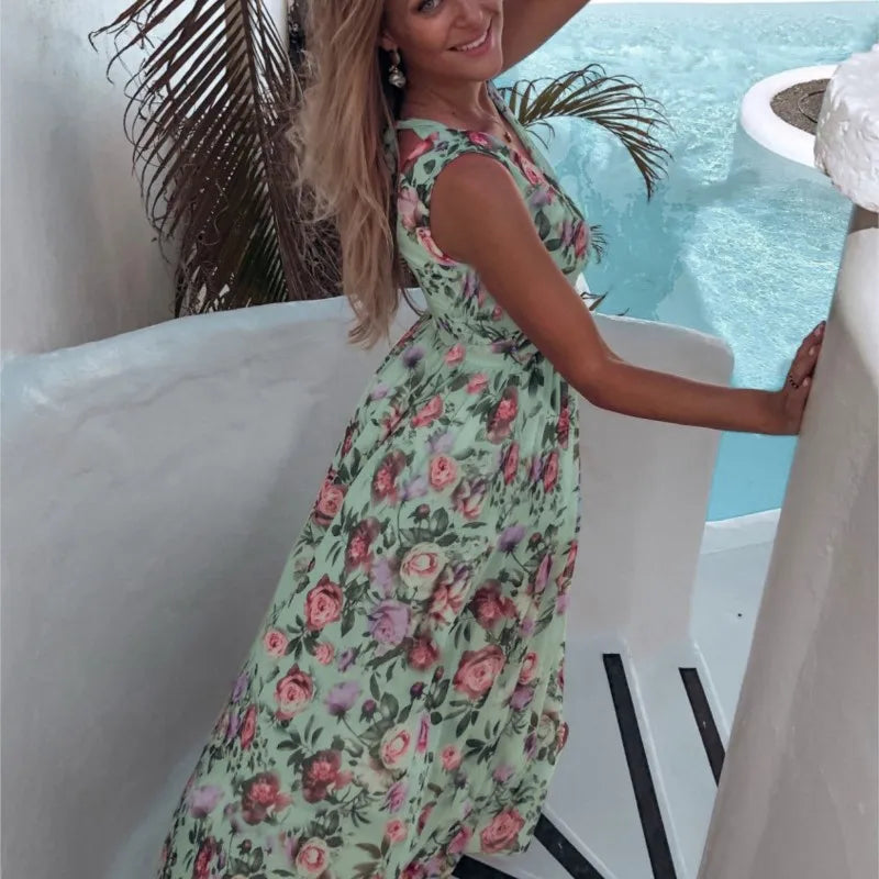 Elegant Boho Flowe Print Split Beach Maxi Dress For Women Sexy V Neck Spaghetti Strap Long Dress Fashion Backless Party Dresses