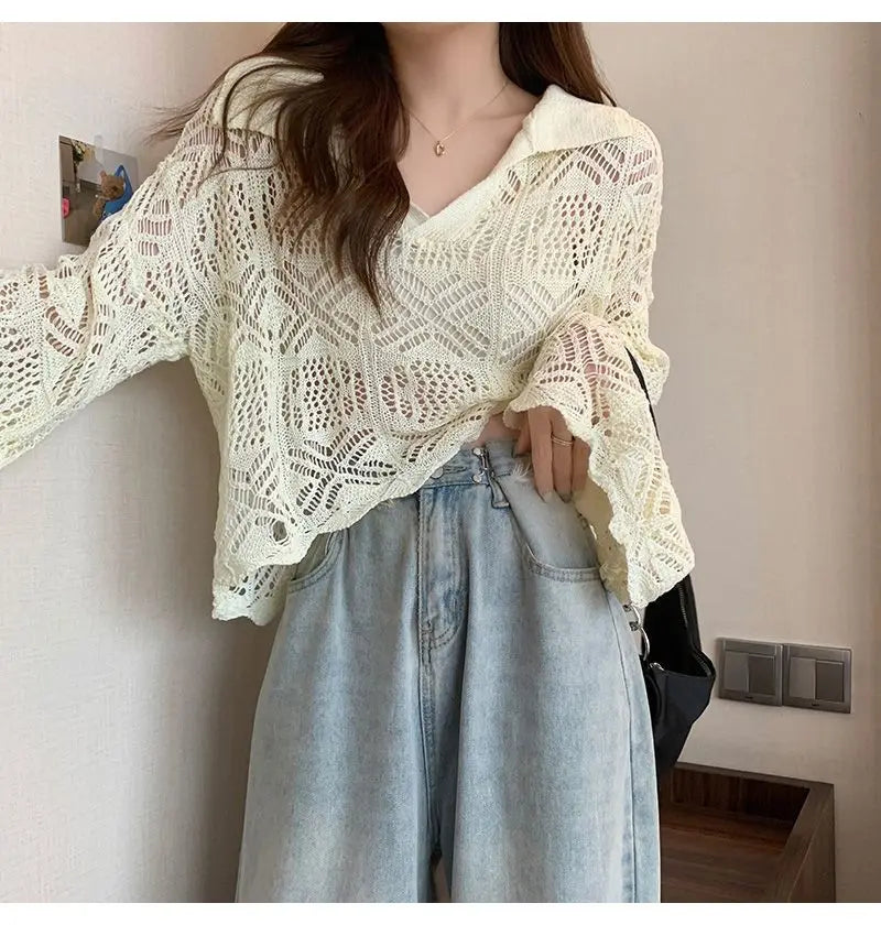 Summer Vintage Hollow Chic Bohemian Sweater Pullovers Cute Solid Turn-down Collar Long Sleeve Knitwears Korean Style Top Women