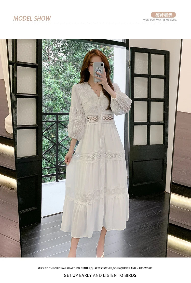 White Long Dress Women Summer Boho Lace Dresses Female Beach Holiday Hollow Out Dress Ladies Elegant Vintage Loose Vestidos