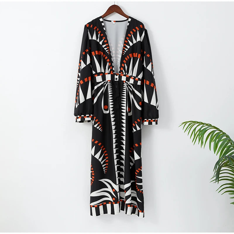 Casual Boho Print Loose Maxi Dress Women Chic V-neck Puff Half Sleeve Single-breasted Dresses Summer Lady Ethnic Style Robes