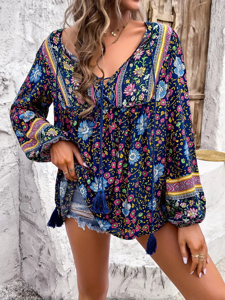 Bohemian Women Shirt Loose Blouse Long Sleeve Tees Vintage Tops Fashion Figure Streetwear Beach Vacation Female Clothing