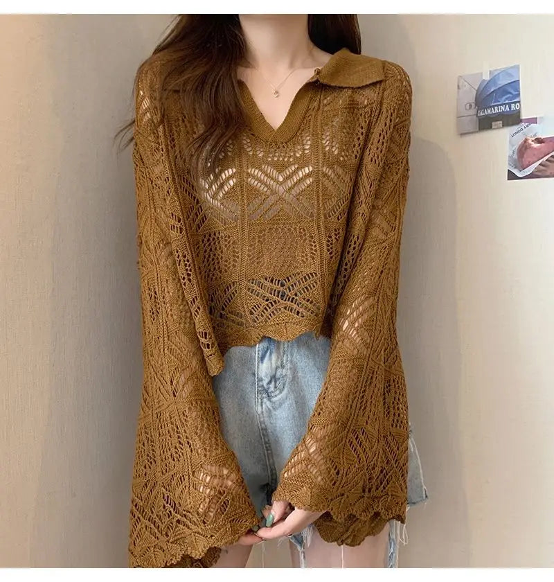 Summer Vintage Hollow Chic Bohemian Sweater Pullovers Cute Solid Turn-down Collar Long Sleeve Knitwears Korean Style Top Women