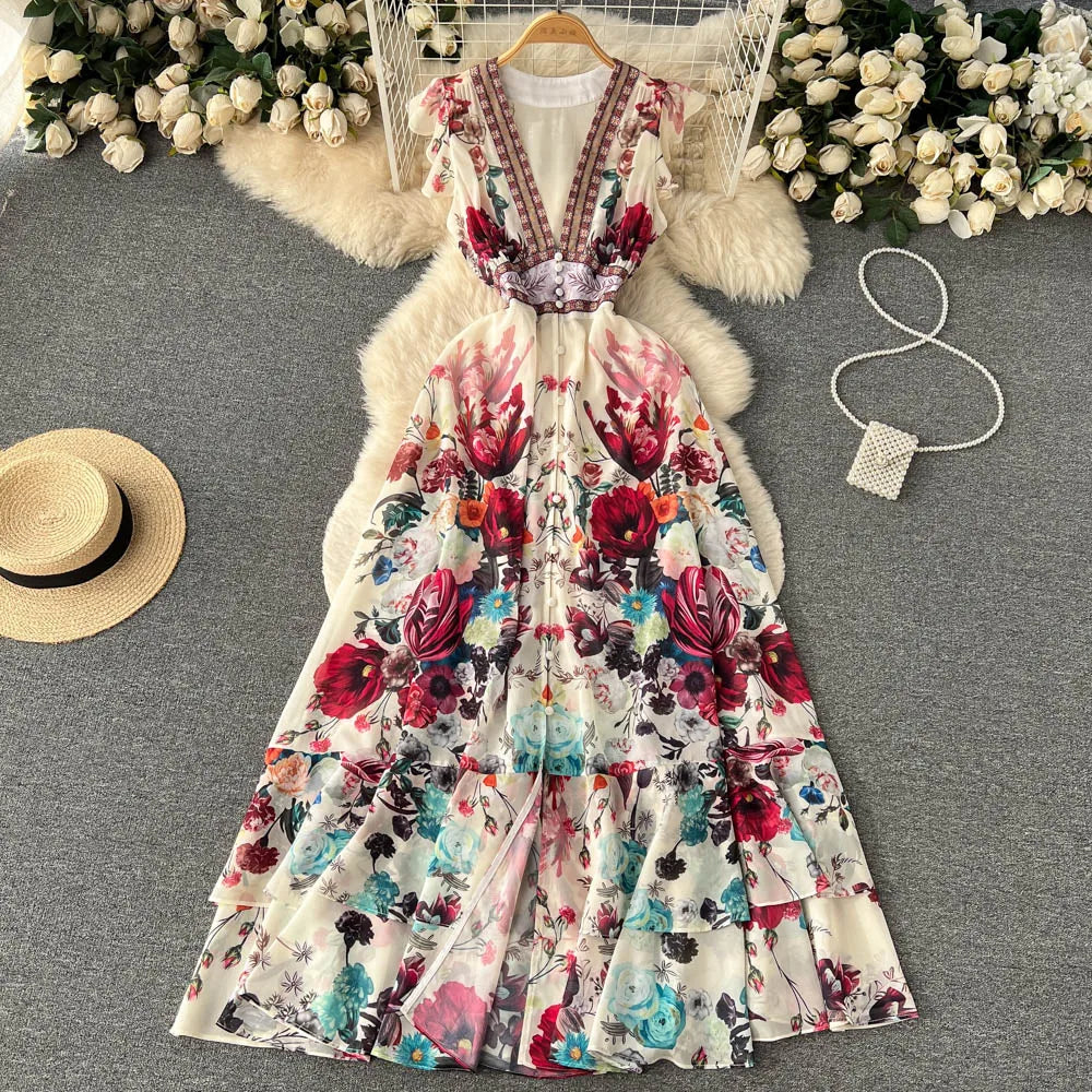 2023 Fashion Runway Gorgeous Flower Chiffon Cascading Ruffles Dress Women Deep V Neck Sleeveless Floral Print Boho Robe Vestidos