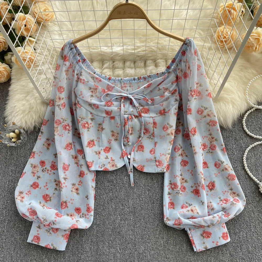 Bohemian Floral Blouses Women Gentle Sweet French Elastic Ruched Slim Tops Spring Casual Vacation Elegant Print Shirts